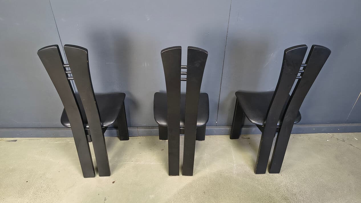 Set of six postmodern dining chairs, black wood, black faux leather, Belgium, 1980s. - 329596