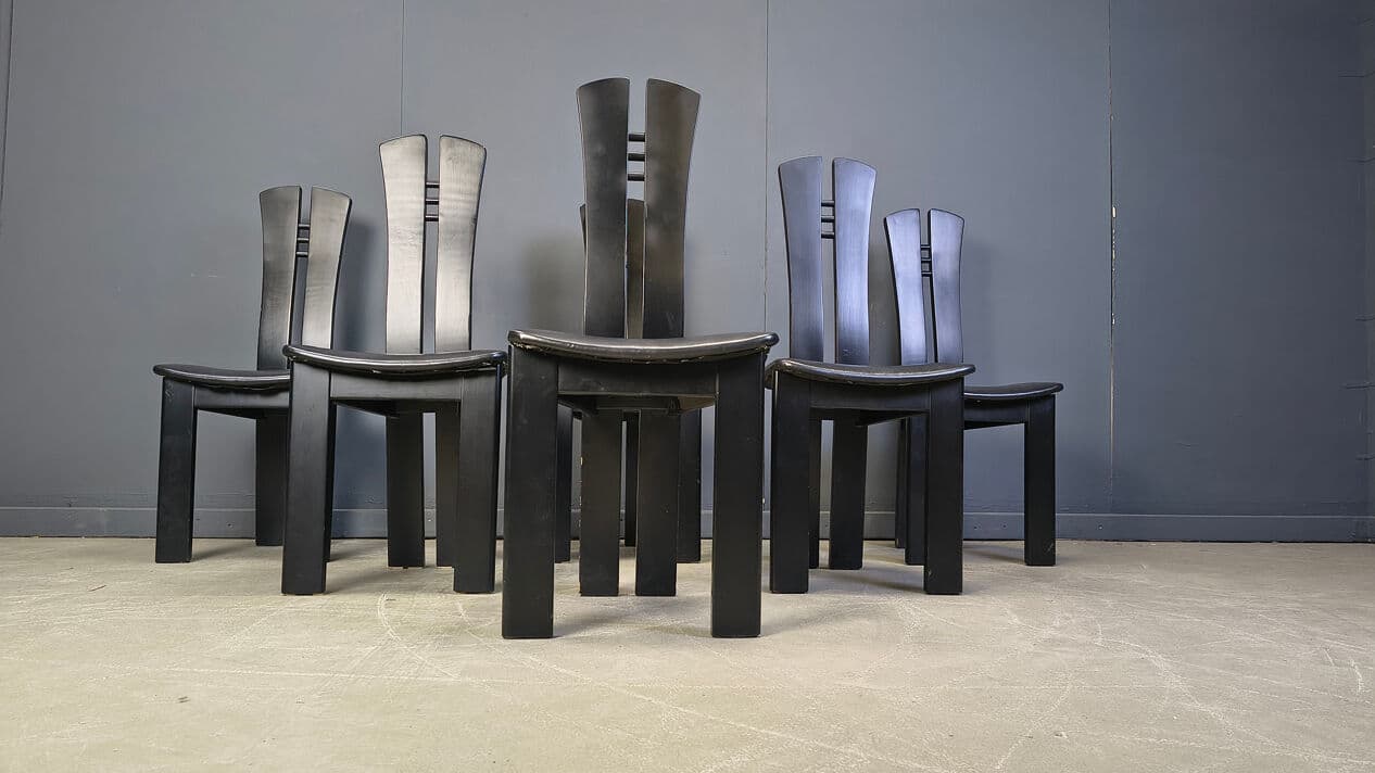 Set of six postmodern dining chairs, black wood, black faux leather, Belgium, 1980s. - 329592