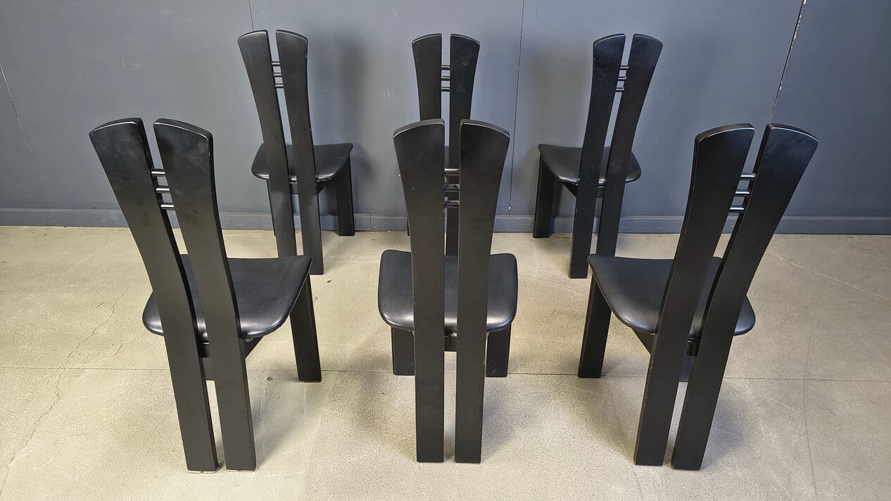 Set of six postmodern dining chairs, black wood, black faux leather, Belgium, 1980s. - 329590