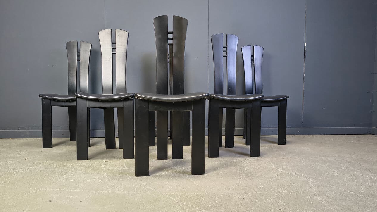 Set of six postmodern dining chairs, black wood, black faux leather, Belgium, 1980s. - 329593