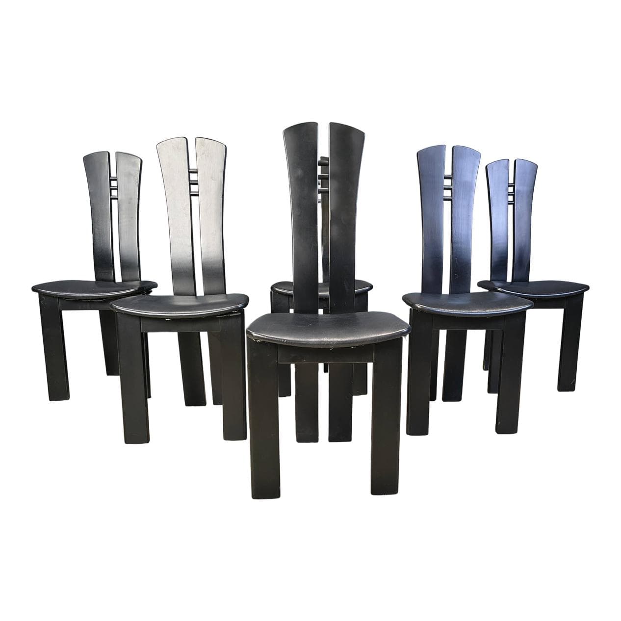 Set of six postmodern dining chairs, black wood, black faux leather, Belgium, 1980s.