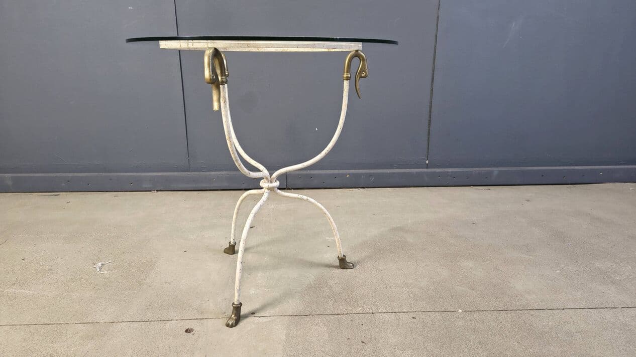 Side Table Swan, white iron, gold brass, clear glass, Italy, 1970s. - 329568
