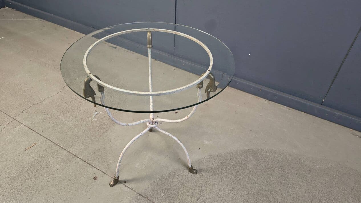 Side Table Swan, white iron, gold brass, clear glass, Italy, 1970s. - 329571