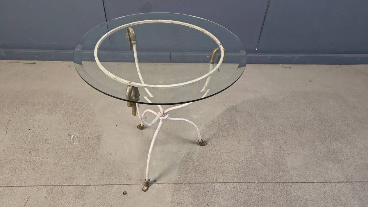 Side Table Swan, white iron, gold brass, clear glass, Italy, 1970s. - 329573