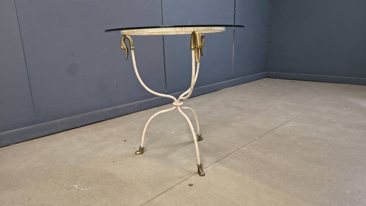 Side Table Swan, white iron, gold brass, clear glass, Italy, 1970s. - 329572