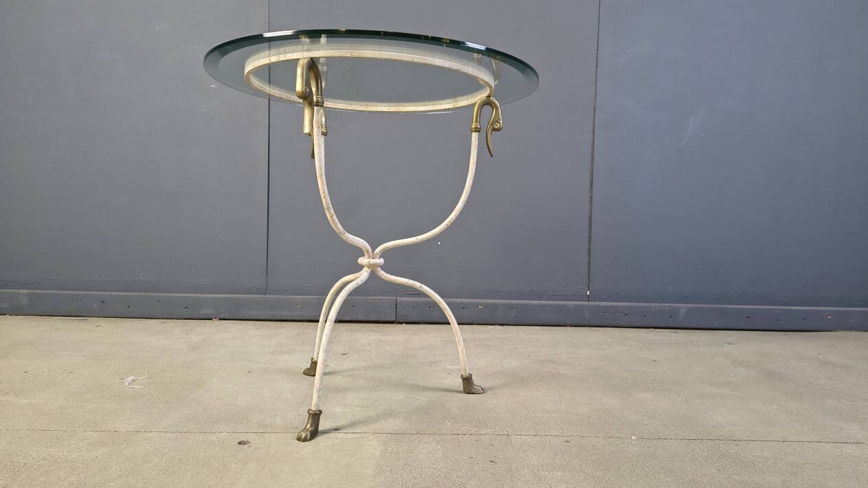 Side Table Swan, white iron, gold brass, clear glass, Italy, 1970s. - 329566