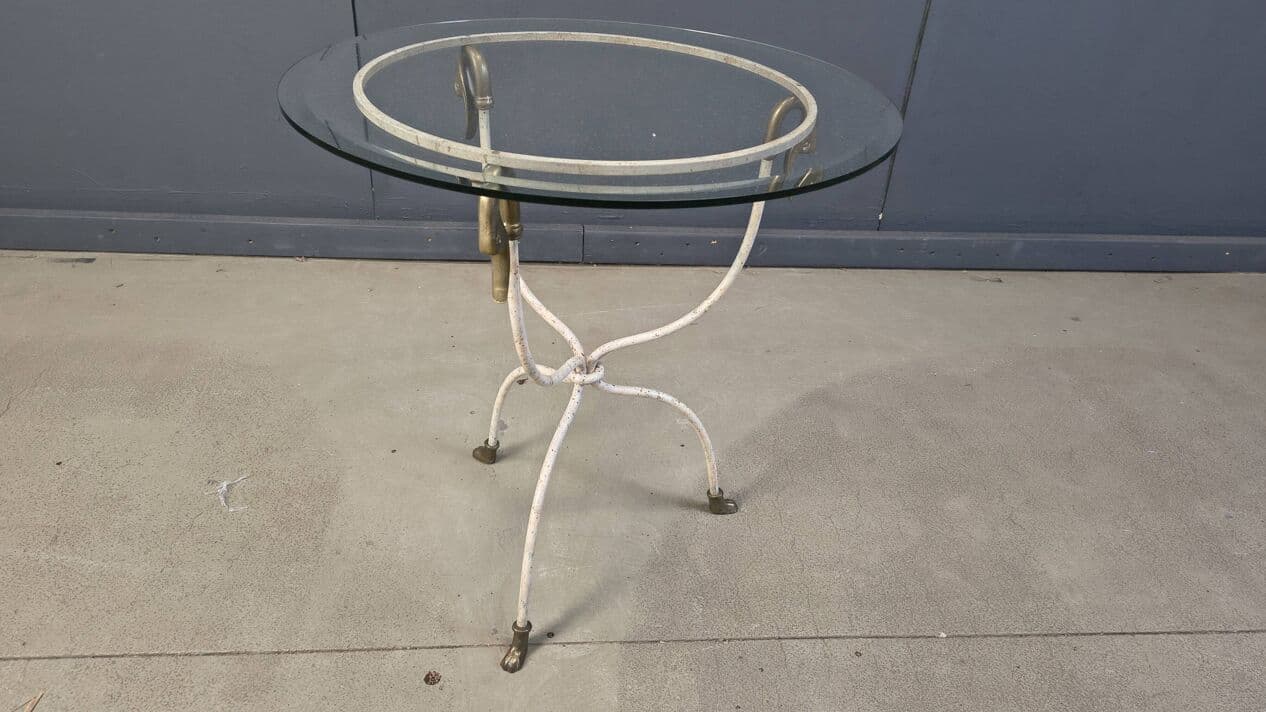 Side Table Swan, white iron, gold brass, clear glass, Italy, 1970s. - 329569