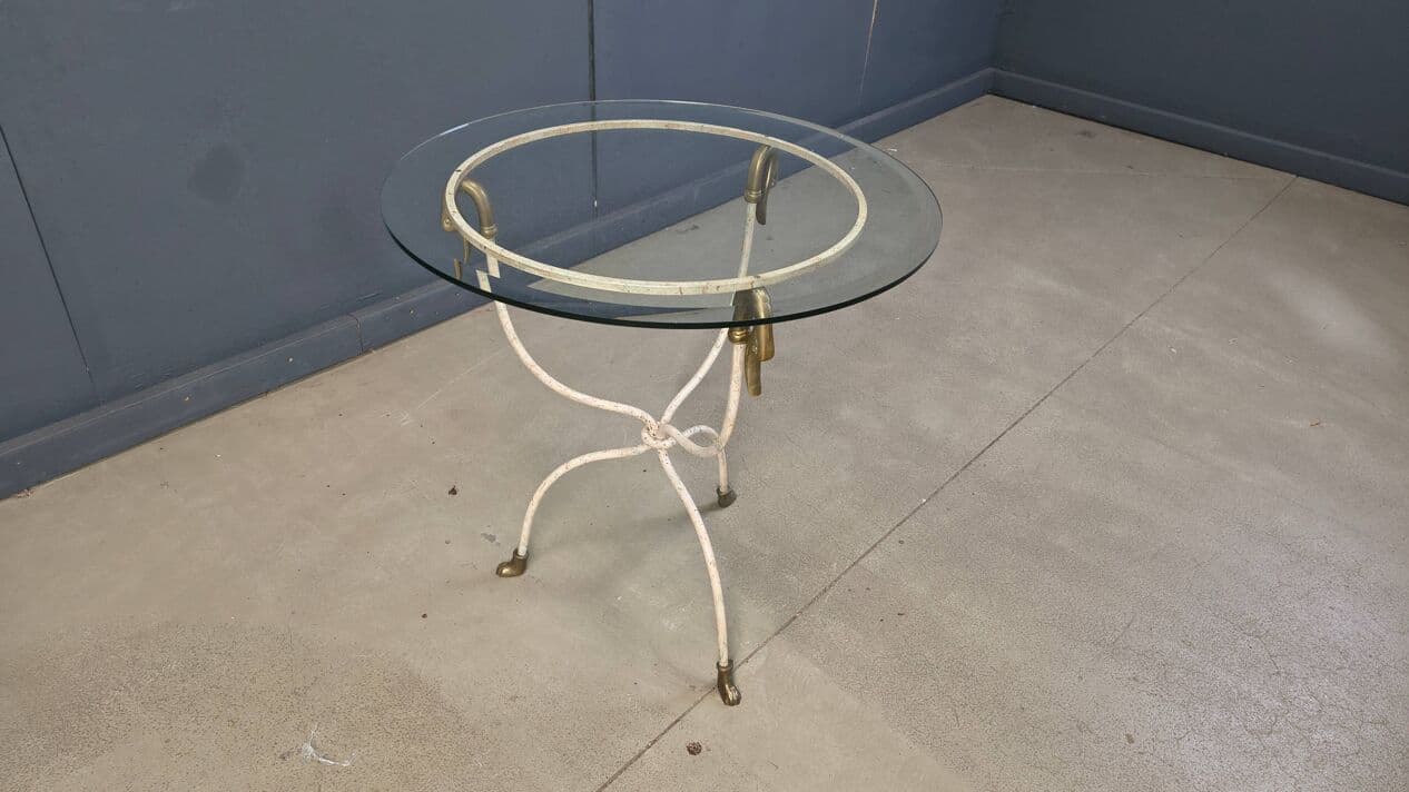 Side Table Swan, white iron, gold brass, clear glass, Italy, 1970s. - 329575