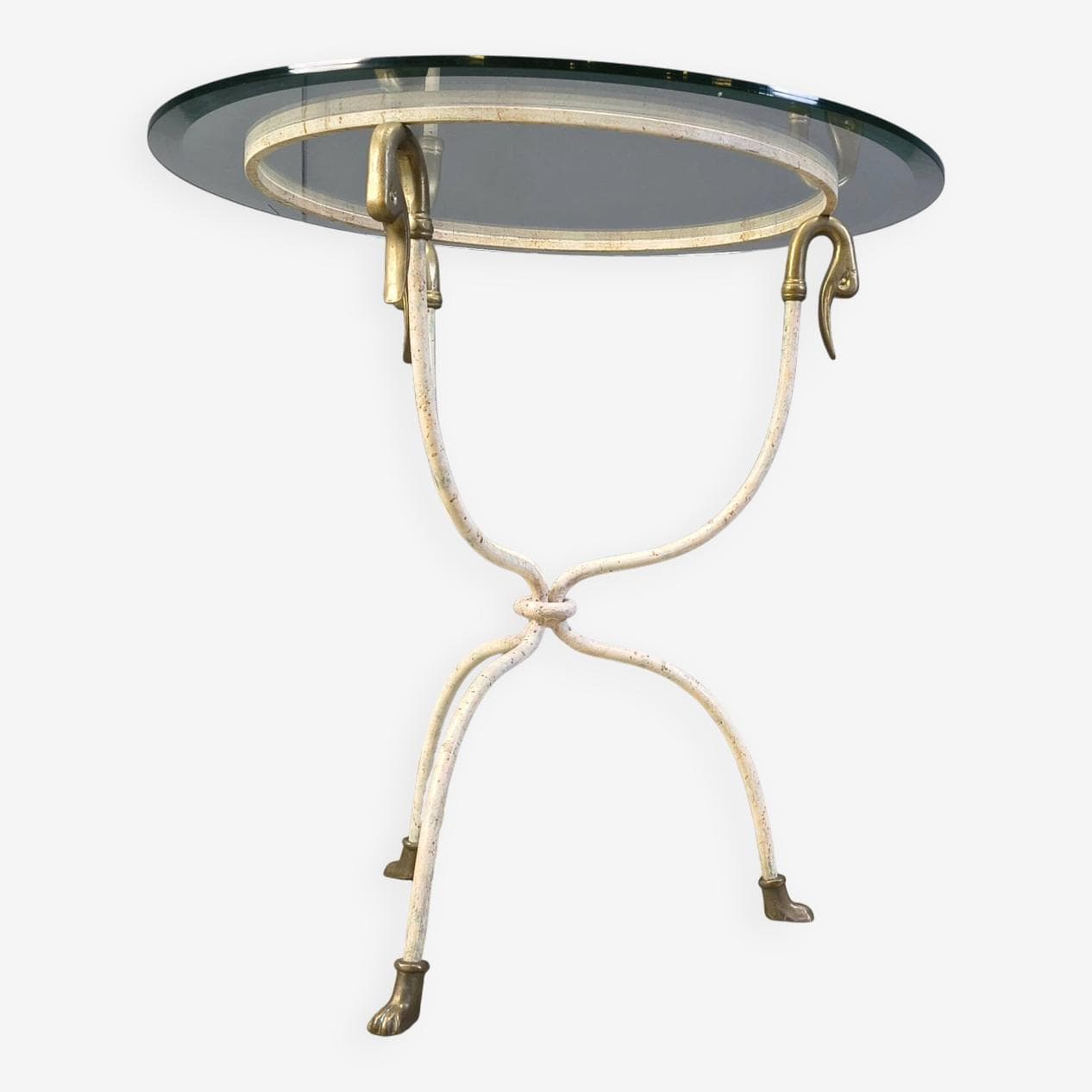 Side Table Swan, white iron, gold brass, clear glass, Italy, 1970s. - 329574