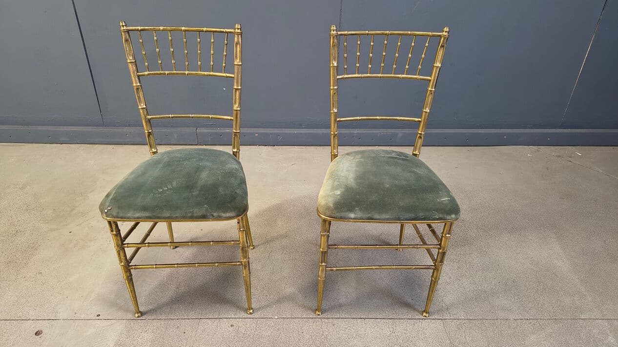 Pair of Faux Bamboo Chairs, gold brass, green velvet, Italy, 1970s. - 329557