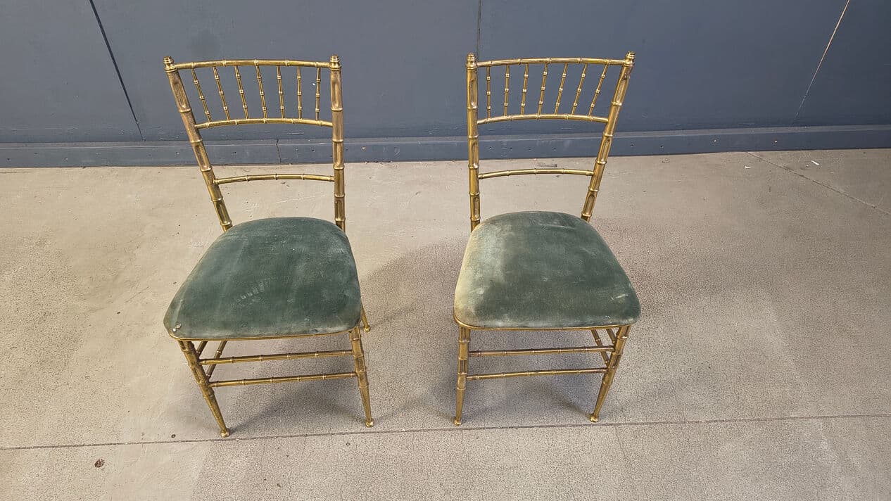 Pair of Faux Bamboo Chairs, gold brass, green velvet, Italy, 1970s. - 329564