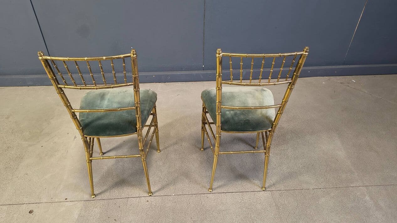 Pair of Faux Bamboo Chairs, gold brass, green velvet, Italy, 1970s. - 329562