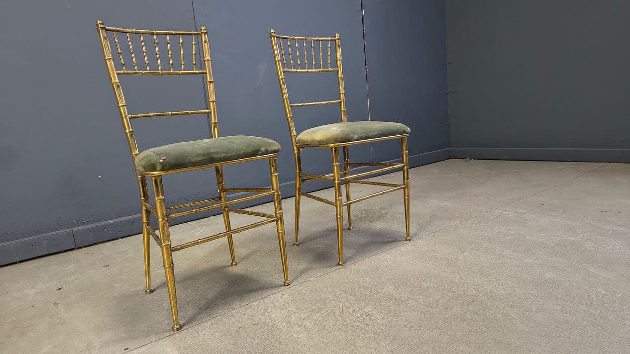 Pair of Faux Bamboo Chairs, gold brass, green velvet, Italy, 1970s. - 329560