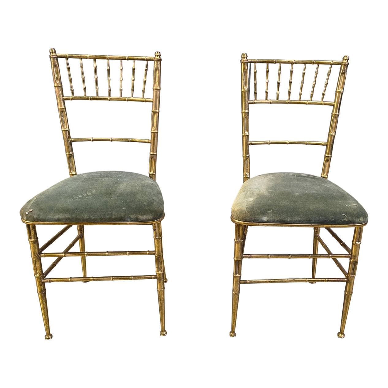 Pair of Faux Bamboo Chairs, gold brass, green velvet, Italy, 1970s.