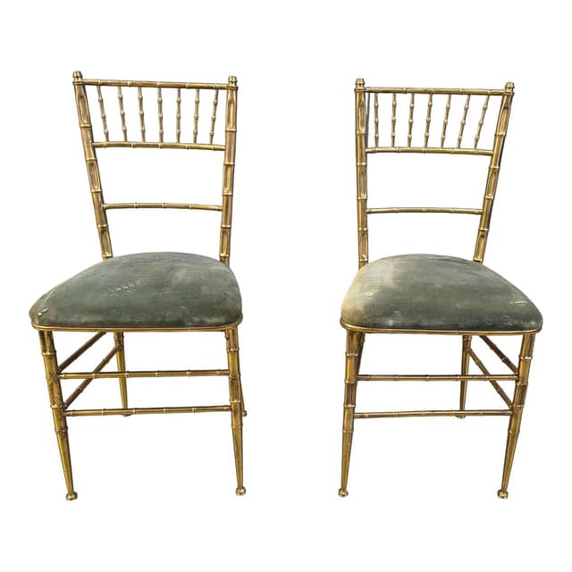 Pair of Faux Bamboo Chairs, gold brass, green velvet, Italy, 1970s. - DIMENSION