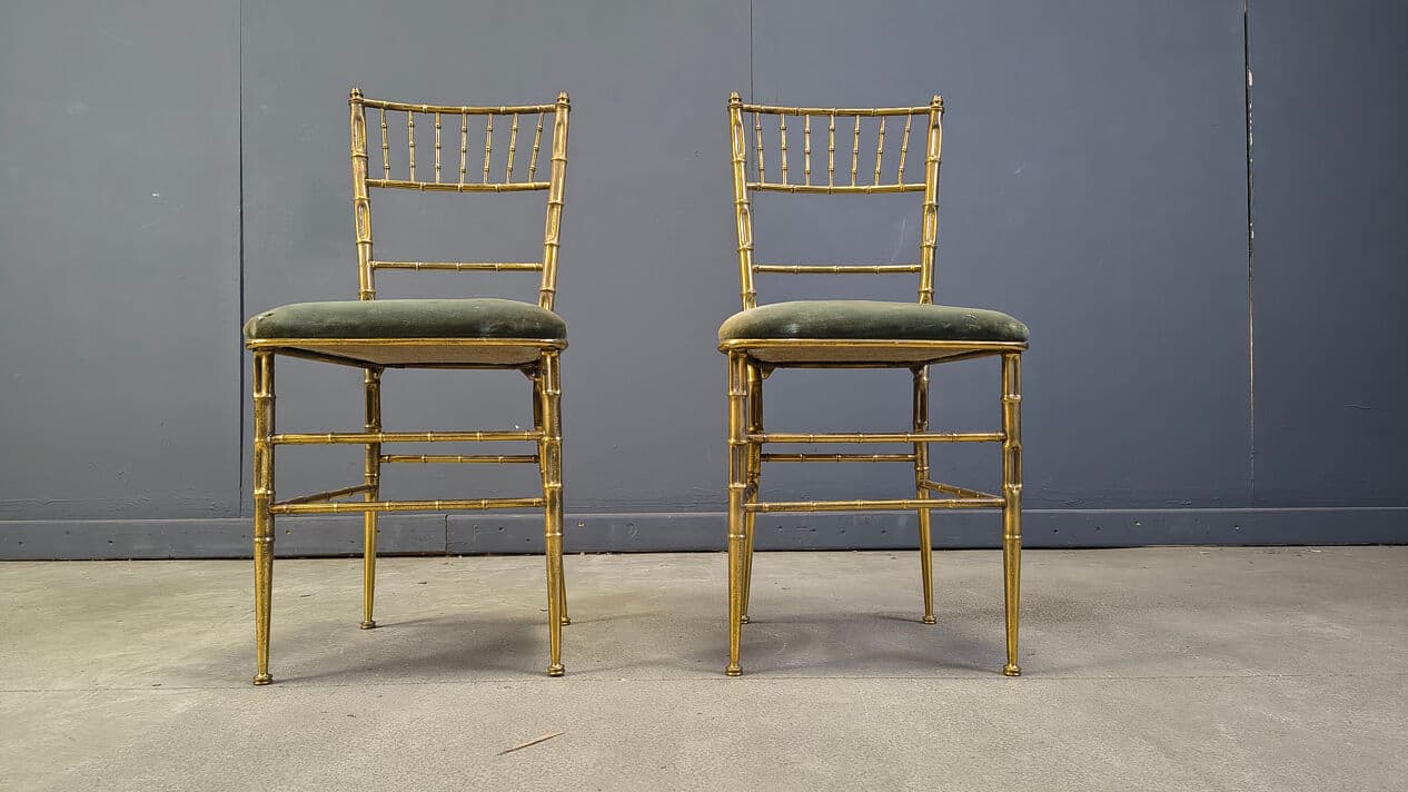 Pair of Faux Bamboo Chairs, gold brass, green velvet, Italy, 1970s. - 329559