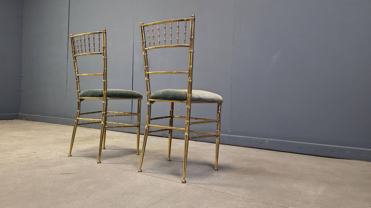 Pair of Faux Bamboo Chairs, gold brass, green velvet, Italy, 1970s. - 329555