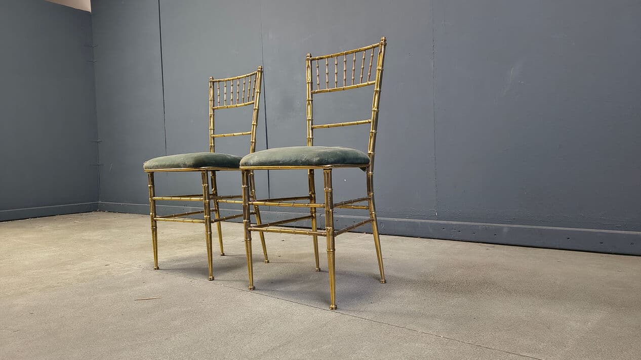 Pair of Faux Bamboo Chairs, gold brass, green velvet, Italy, 1970s. - 329561