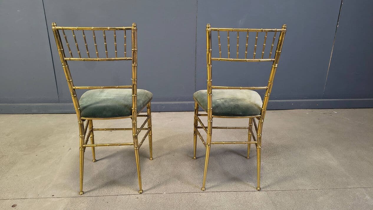 Pair of Faux Bamboo Chairs, gold brass, green velvet, Italy, 1970s. - 329563
