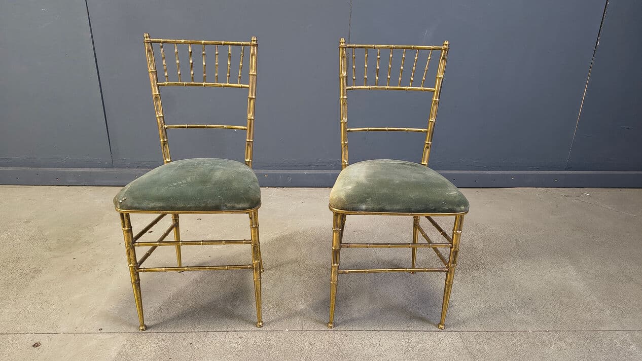 Pair of Faux Bamboo Chairs, gold brass, green velvet, Italy, 1970s. - 329554