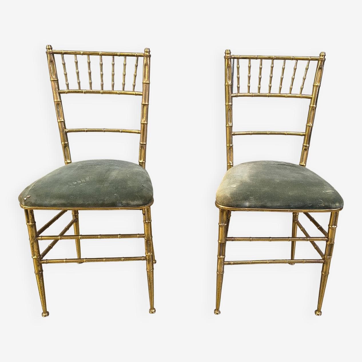 Pair of Faux Bamboo Chairs, gold brass, green velvet, Italy, 1970s. - 329556