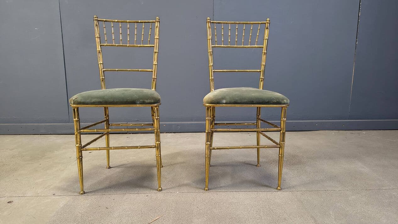 Pair of Faux Bamboo Chairs, gold brass, green velvet, Italy, 1970s. - 329558