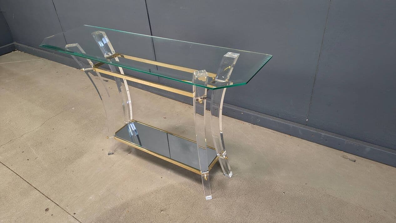 Konsola, transparentny lucite, mosiądz złoty, szkło, Francja, lata 70. - 329503