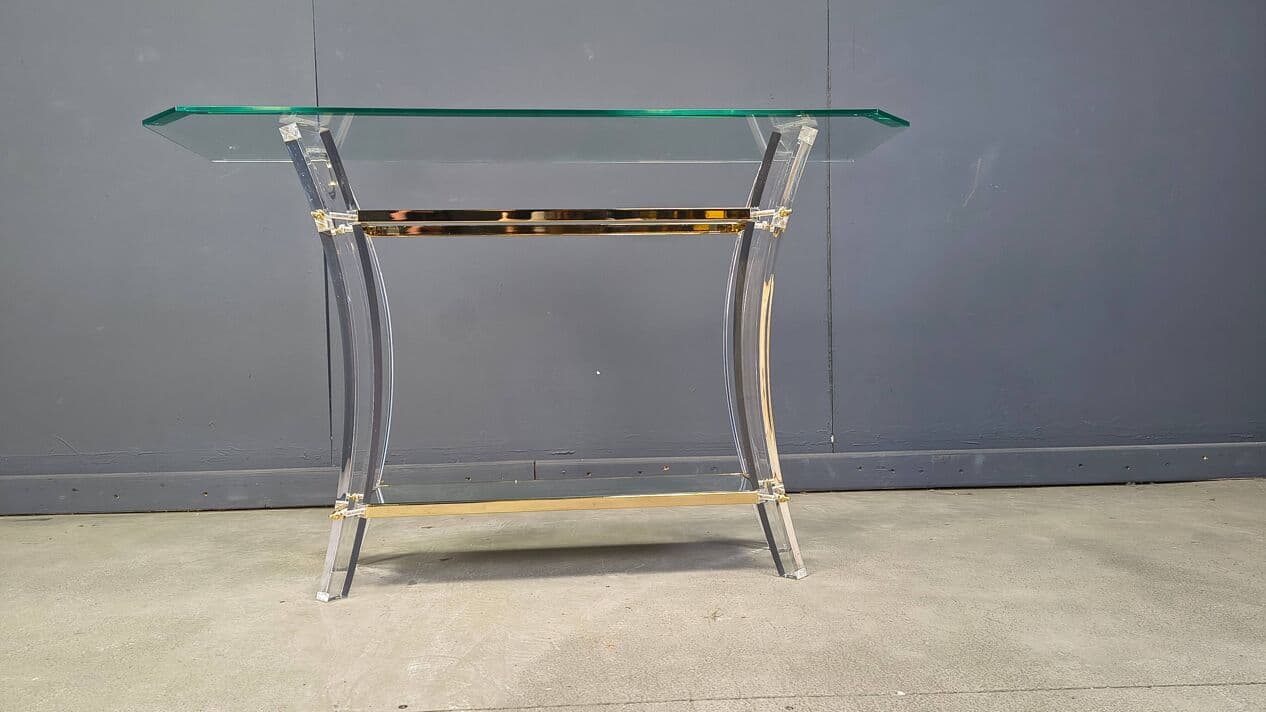 Konsola, transparentny lucite, mosiądz złoty, szkło, Francja, lata 70. - 329502