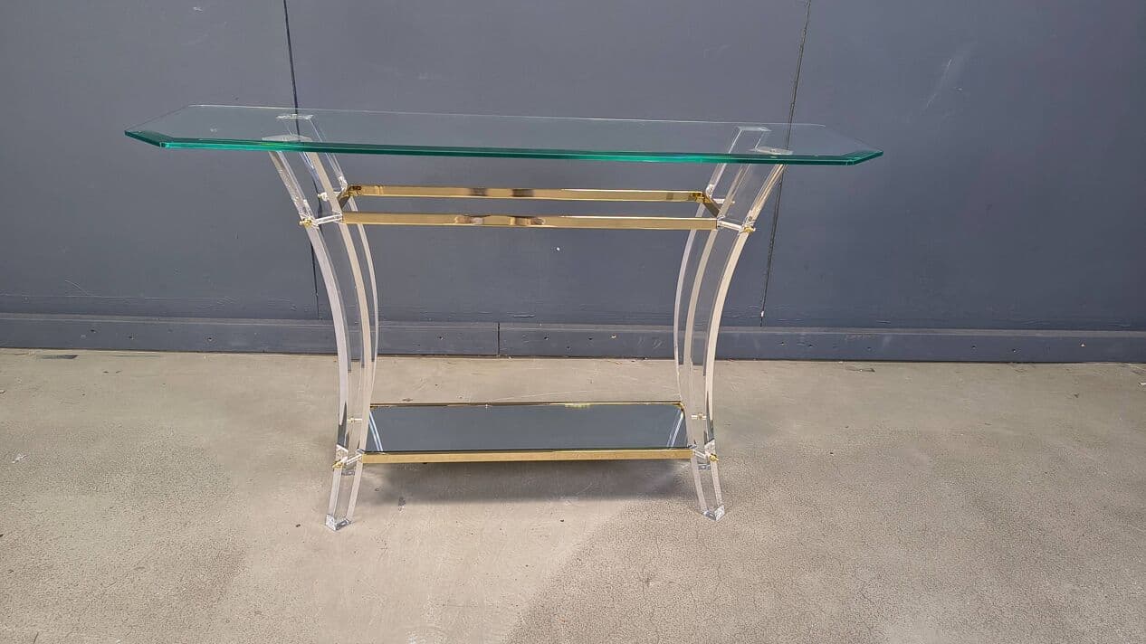 Konsola, transparentny lucite, mosiądz złoty, szkło, Francja, lata 70. - 329500
