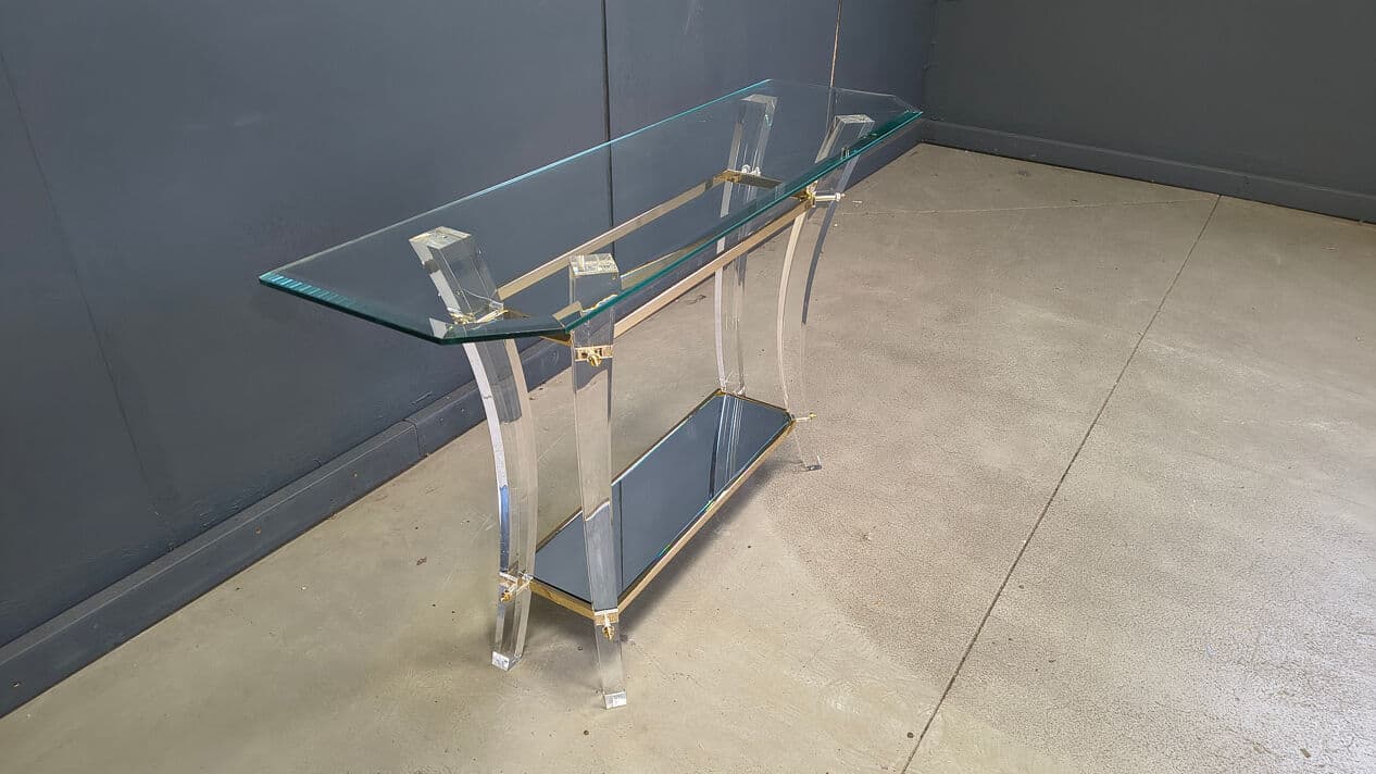 Konsola, transparentny lucite, mosiądz złoty, szkło, Francja, lata 70. - 329506