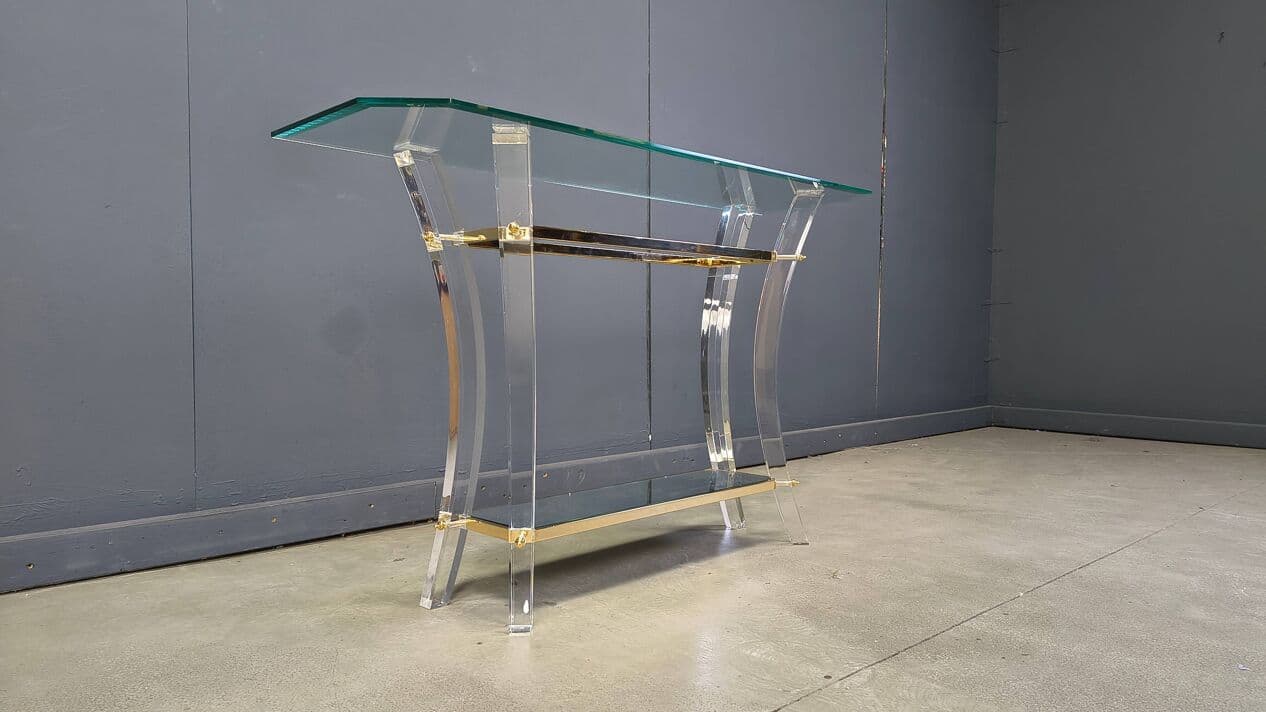 Konsola, transparentny lucite, mosiądz złoty, szkło, Francja, lata 70. - 329497