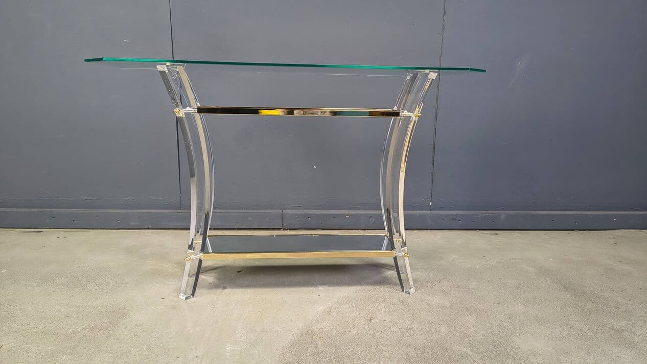 Konsola, transparentny lucite, mosiądz złoty, szkło, Francja, lata 70. - 329501