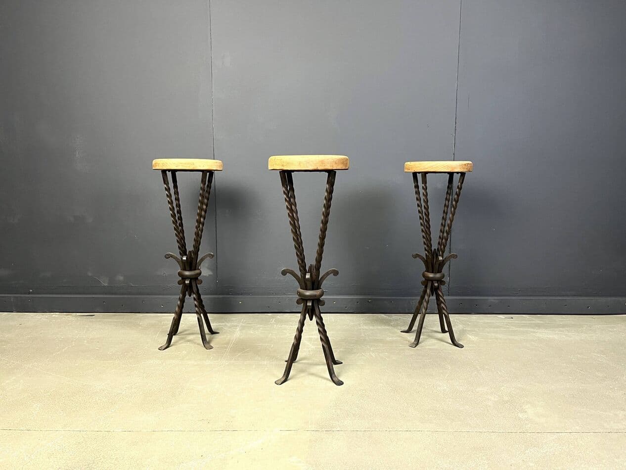 Set of three bar stools, brown oak, black iron, France, 1960s - 329494