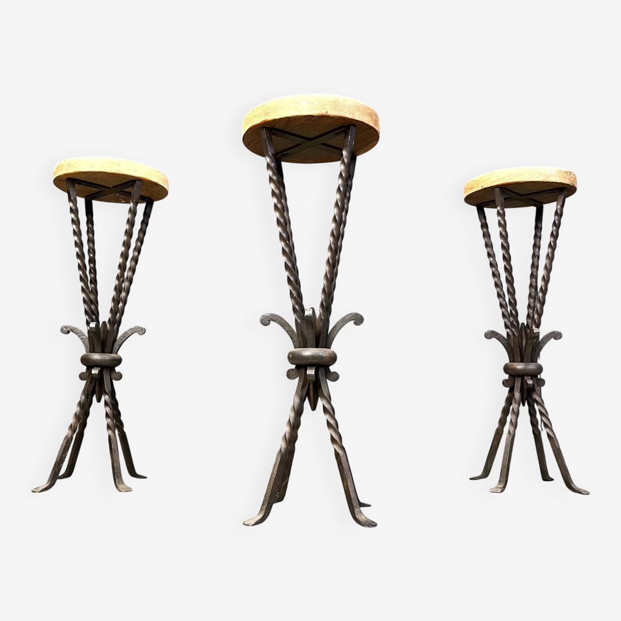 Set of three bar stools, brown oak, black iron, France, 1960s - 329486