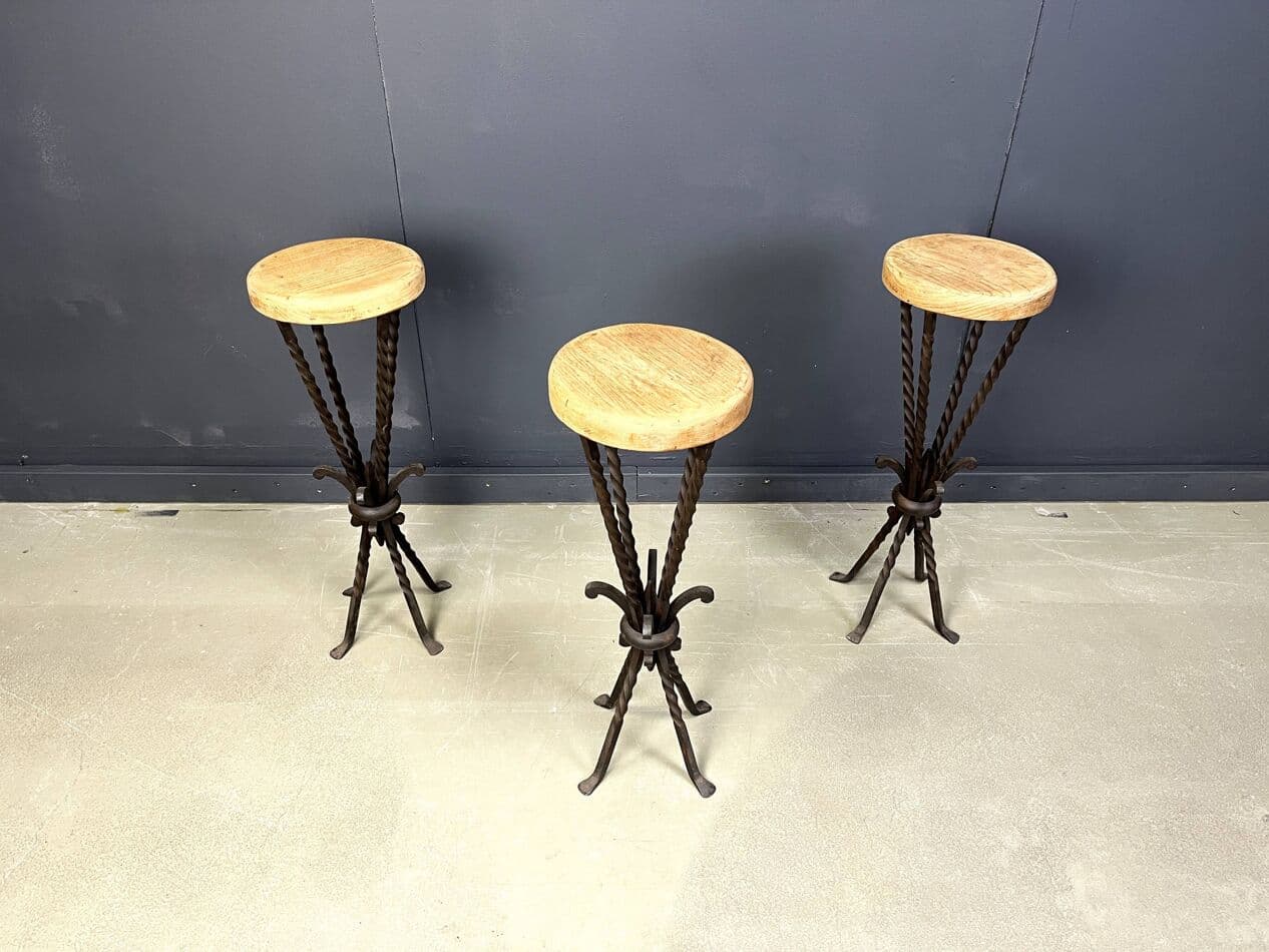 Set of three bar stools, brown oak, black iron, France, 1960s - 329485