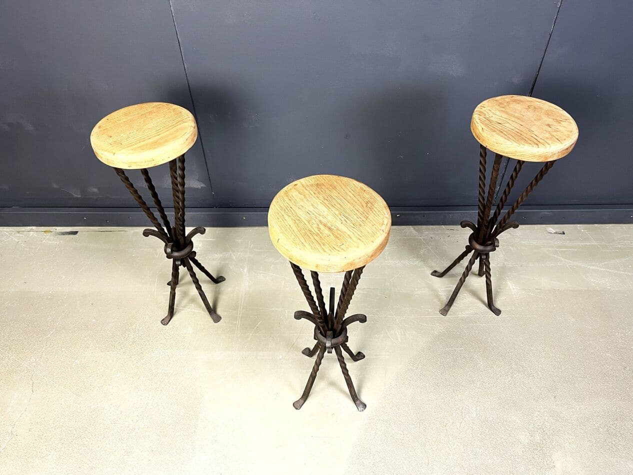 Set of three bar stools, brown oak, black iron, France, 1960s - 329492
