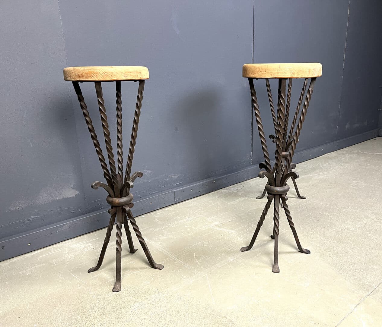 Set of three bar stools, brown oak, black iron, France, 1960s - 329488