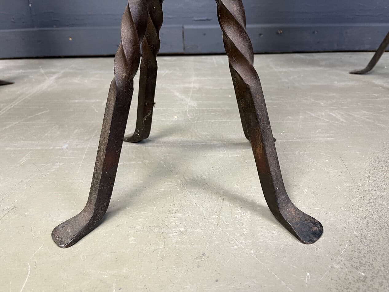 Set of three bar stools, brown oak, black iron, France, 1960s - 329489