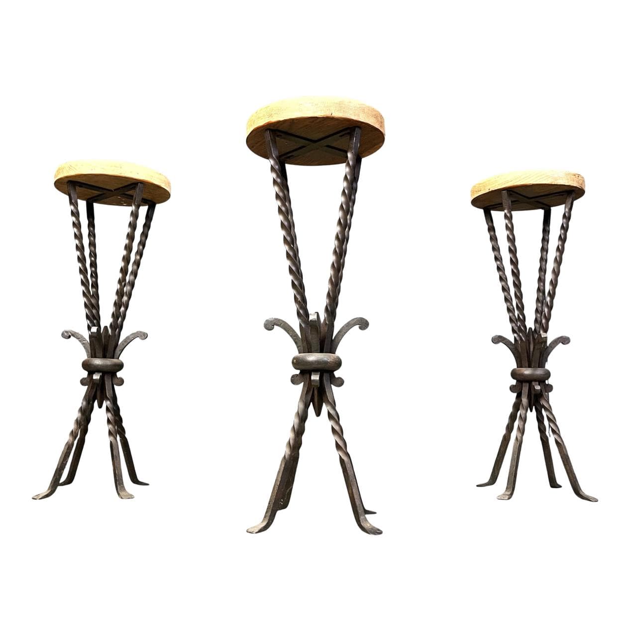Set of three bar stools, brown oak, black iron, France, 1960s