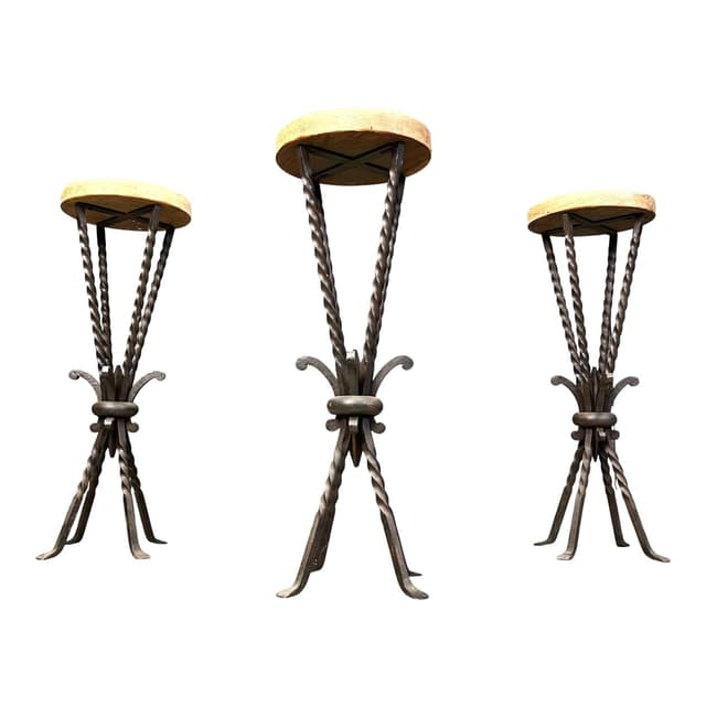 Set of three bar stools, brown oak, black iron, France, 1960s - DIMENSION
