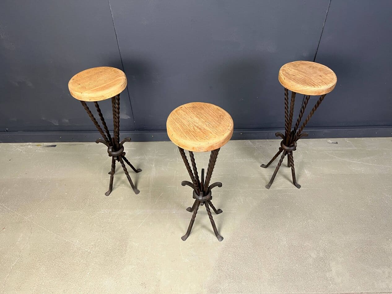 Set of three bar stools, brown oak, black iron, France, 1960s - 329491