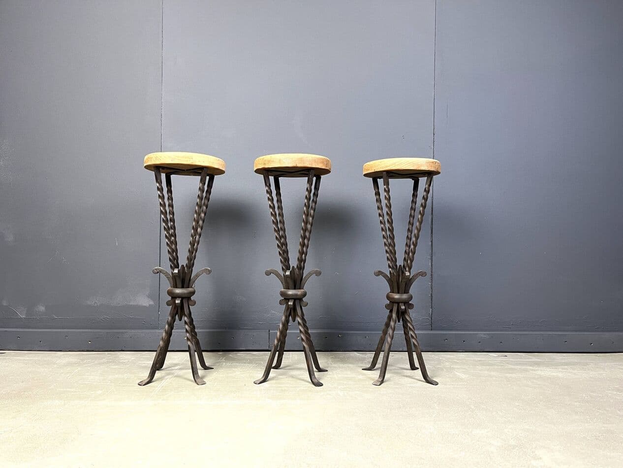 Set of three bar stools, brown oak, black iron, France, 1960s - 329493