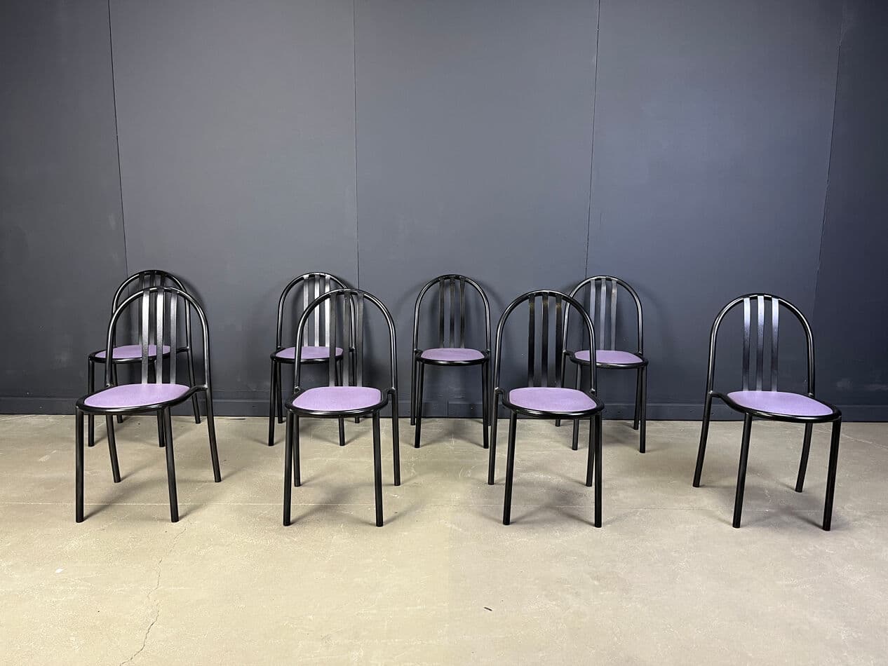 Set of eight chairs Nr 222, purple skai, black metal, by R. Mallet-Stevens, Belgium, 1980s. - 329461