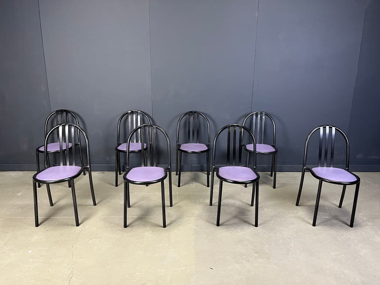 Set of eight chairs Nr 222, purple skai, black metal, by R. Mallet-Stevens, Belgium, 1980s. - 329468