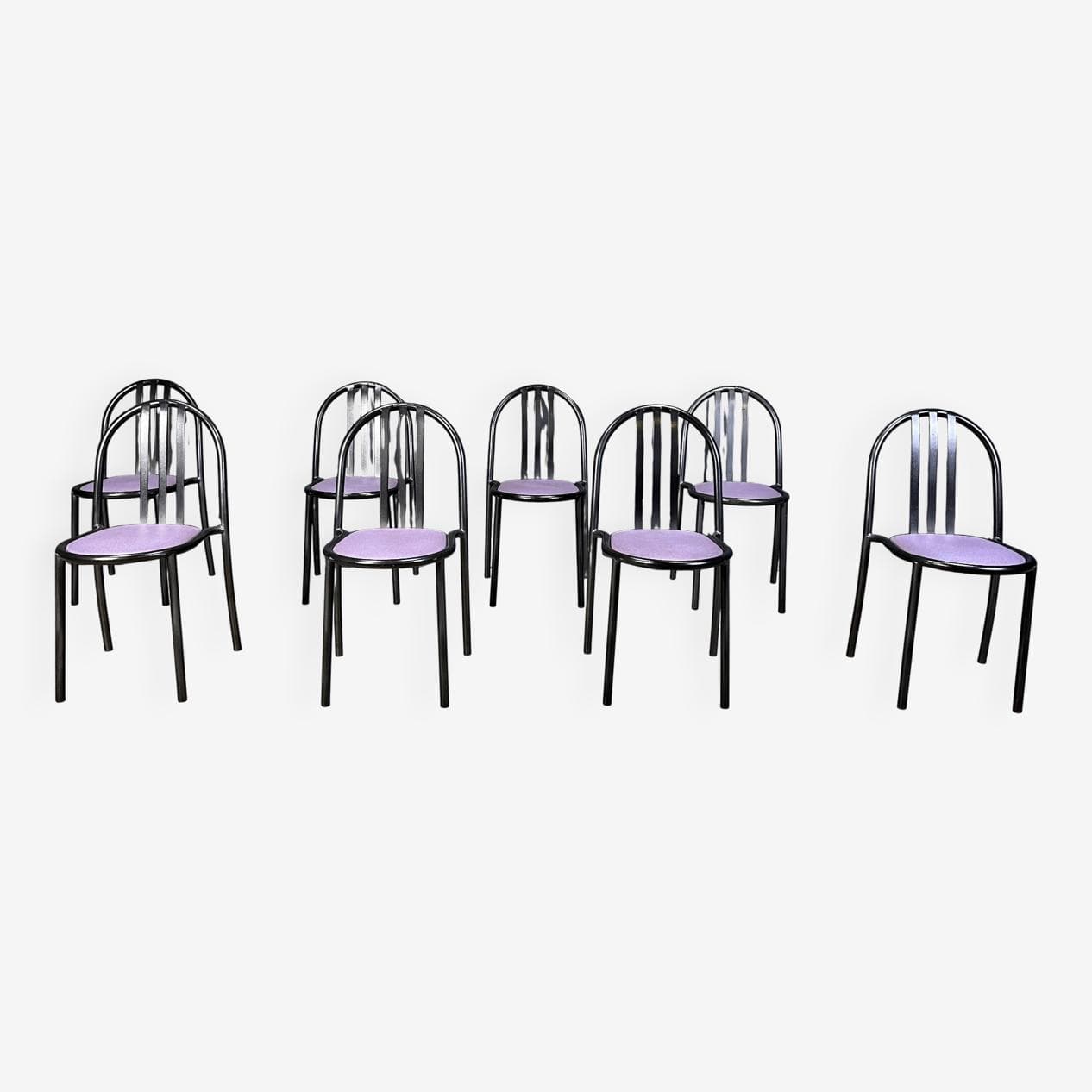 Set of eight chairs Nr 222, purple skai, black metal, by R. Mallet-Stevens, Belgium, 1980s. - 329462