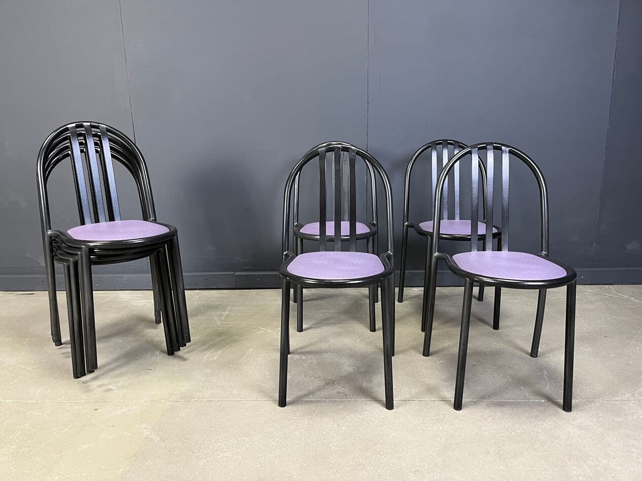 Set of eight chairs Nr 222, purple skai, black metal, by R. Mallet-Stevens, Belgium, 1980s. - 329470