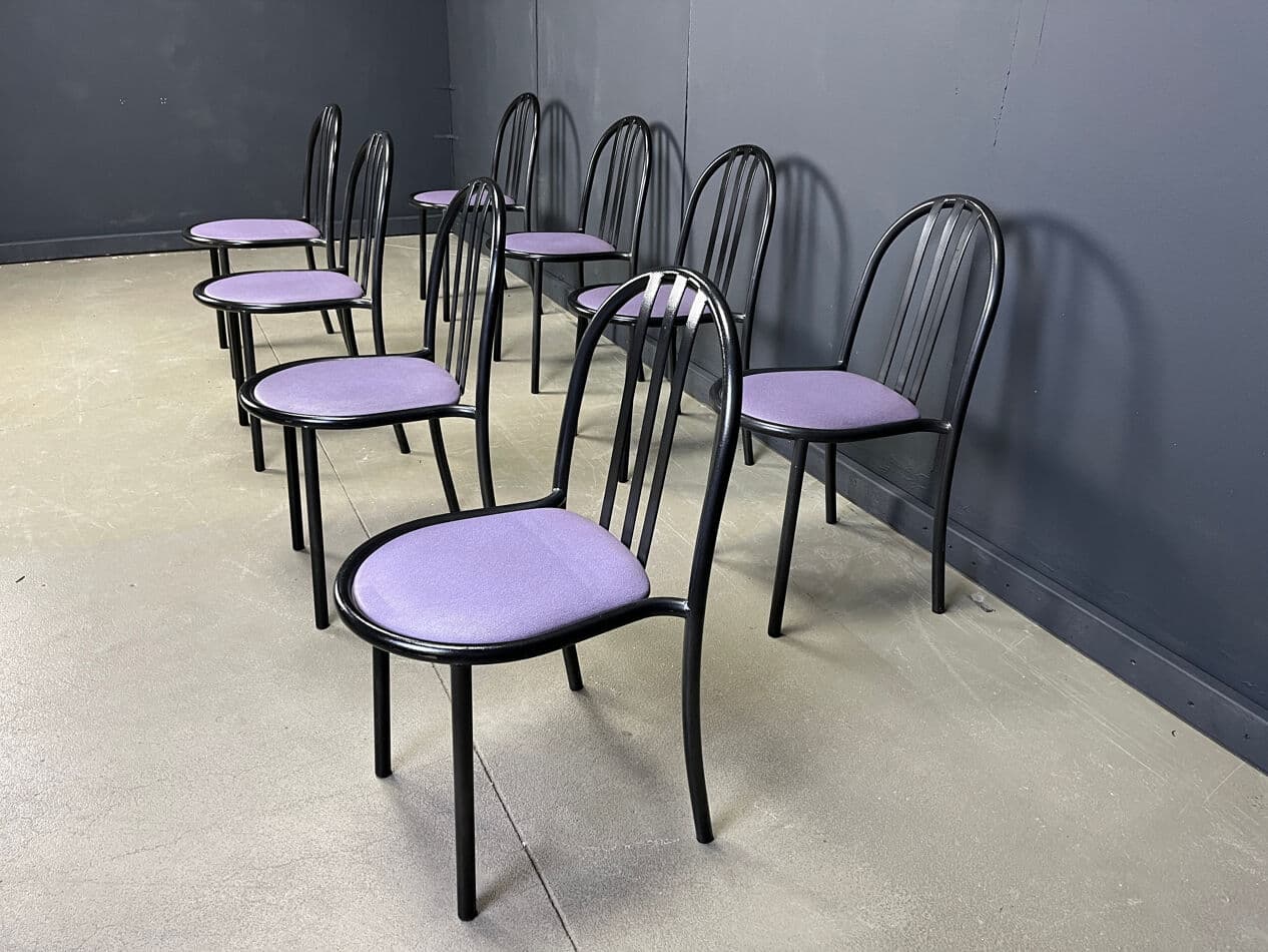 Set of eight chairs Nr 222, purple skai, black metal, by R. Mallet-Stevens, Belgium, 1980s. - 329465