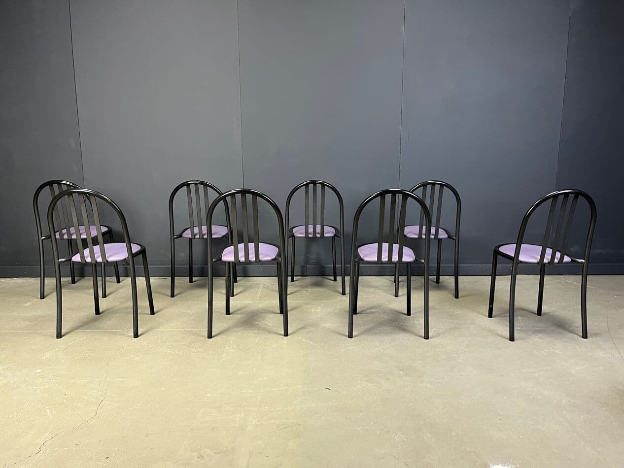 Set of eight chairs Nr 222, purple skai, black metal, by R. Mallet-Stevens, Belgium, 1980s. - 329466