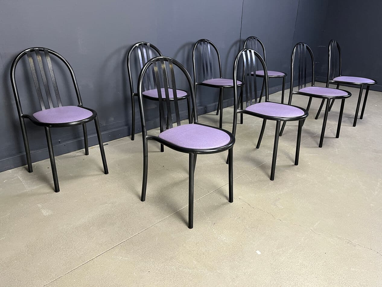 Set of eight chairs Nr 222, purple skai, black metal, by R. Mallet-Stevens, Belgium, 1980s. - 329464