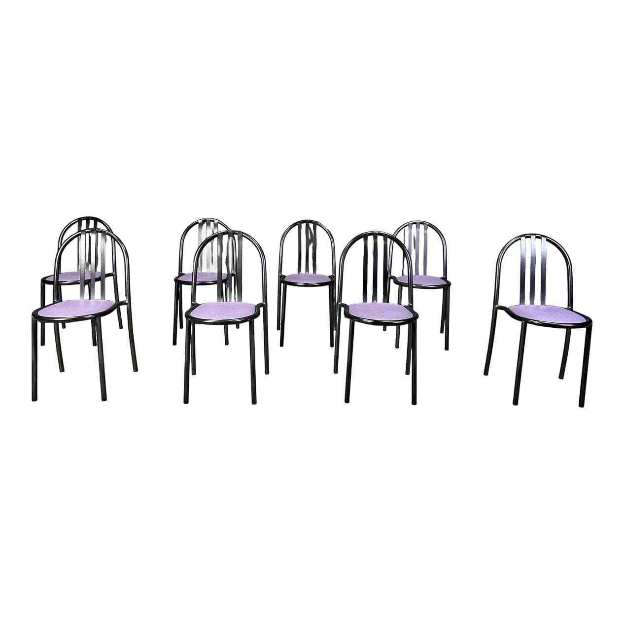 Set of eight chairs Nr 222, purple skai, black metal, by R. Mallet-Stevens, Belgium, 1980s.